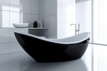 Modern Master Bathroom with White and Black Tub, Sink, and Furnishings