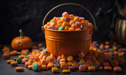 Naklejka premium A festive Halloween scene with colorful pumpkin bucket candy