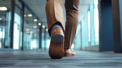Feet of a businessman rushing in office corridor or open space because he is late to a meeting , man wearing brown suit show walking in modern office building