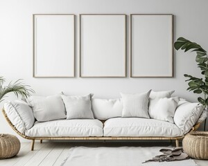 Modern Scandinavian Interior Design with White Sofa, Poster Frames, and Cozy Decor Elements