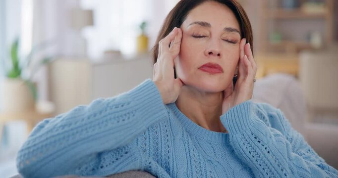 Home, stress and woman with headache, tired and dizzy in lounge with burnout. Apartment, confused person and girl with pain, migraine or pressure with muscle tension, crisis or brain fog with anxiety