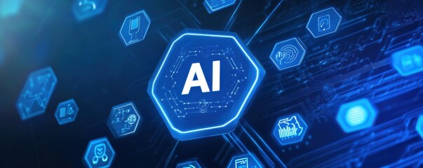 Futuristic blue hexagon with AI letters surrounded by technology icons representing artificial intelligence and digital innovation