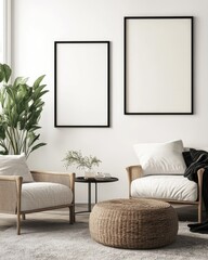 Modern Scandinavian Living Room Interior with Blank Frame and Cozy Farmhouse Decor