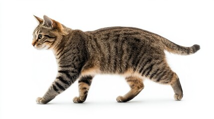 Fototapeta premium Tabby cat walking on white background. isolated