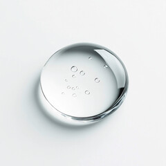 A clear water droplet on a white background with small air bubbles suspended inside