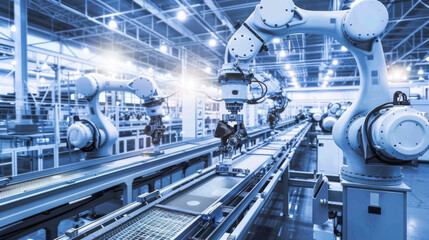 Advanced automated battery production line with robotic arms assembling lithium-ion cells on conveyor belt. Skilled workers in protective gear supervising high-tech manufacturing process.