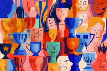 Colorful abstract illustration of smiling faces and various trophies celebrating achievements.