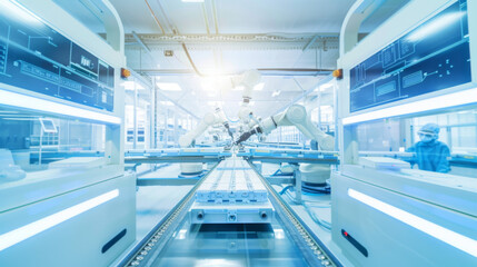 Advanced automated battery production line with robotic arms assembling lithium-ion cells on conveyor belt. Skilled workers in protective gear supervising high-tech manufacturing process.