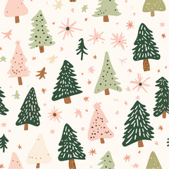 Illustration Seamless doodle pattern of Christmas trees and stars