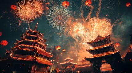 Fototapeta premium Fireworks and Festivities Photograph of Chinese new year fireworks celebrations on the chinese temple background