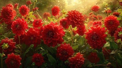 Vibrant Red Dahlia Flowers in Lush Garden Blooming in Summer Nature  Closeup of a beautiful colorful dahlia bloom with green foliage in the background creating a stunning natural floral scene