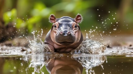 Fototapeta premium Playful baby pygmy hippo chasing its own reflection in a puddle, with splashes of water
