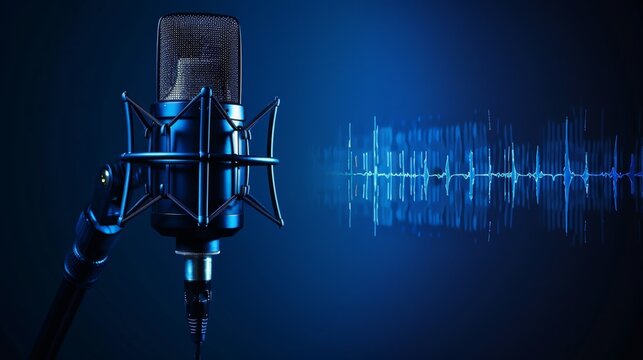 Professional microphone against dark blue background with audio waveform for studio use