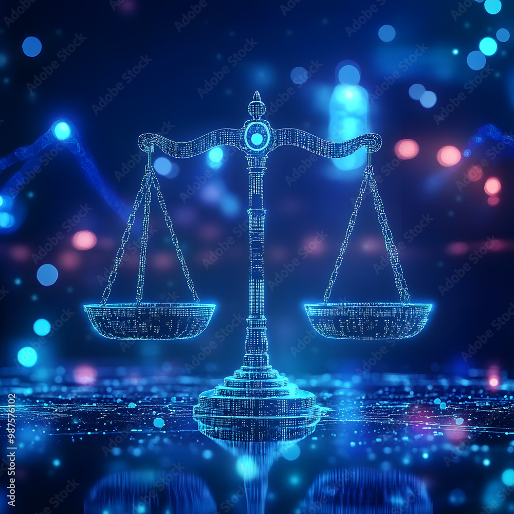 Wall mural high tech blue Digital justice scale surrounded by digital data on blue bokeh background , representing the role of AI in business justice, generative ai