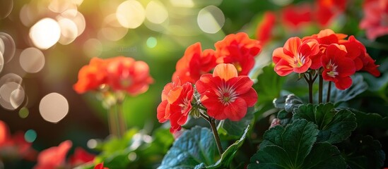 Fototapeta premium Vibrant red geranium flowers in full bloom against a lush green garden backdrop The image showcases the beautiful intricate petals and foliage of the flourishing geranium plant