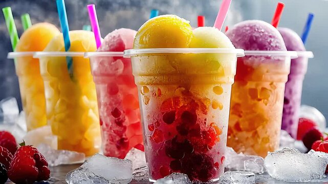 Colorful fruit slushie drinks in plastic cups with ice, showcasing refreshing summer beverages, frozen treats, and fruity flavors.

