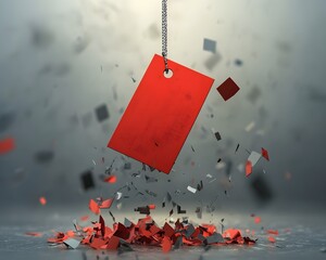 A dynamic red tag suspended in mid-air, surrounded by colorful fragments, creating an energetic and striking visual composition.