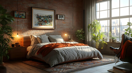 Cozy Bedroom with Brick Wall, Large Window, and City View - 3D Illustration