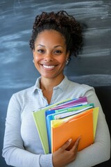Obraz premium A smiling woman holding colorful folders in front of a chalkboard.