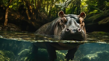 Fototapeta premium Pygmy hippo enjoying a refreshing swim in a crystal-clear jungle stream