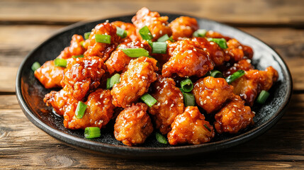 A delicious plate of crispy orange chicken topped with sesame seeds and fresh green onions, a popular and savory Asian cuisine, presented on a dark textured plate.