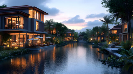 Fototapeta premium 3D Illustration of a Modern House by a River at Dusk