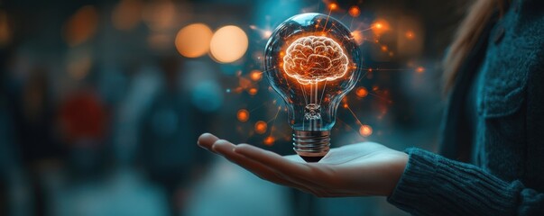 Business professional holding a glowing light bulb with brain imagery, symbolizing innovation and creative thinking in a futuristic setting