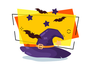 Patched with hat vector illustration. Flying bats and stars on abstract background. Halloween banner design. Celebration, party, holiday concept. Can be used for poster or invitation