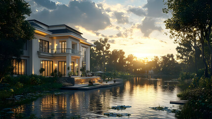 Obraz premium Waterfront Luxury Home at Sunset - 3D Illustration