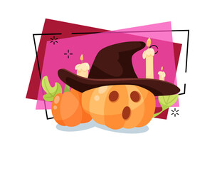 Pumpkin lantern in hat with candles on abstract background. Halloween banner design. Celebration, party, holiday concept. Vector illustration can be used for poster or invitation