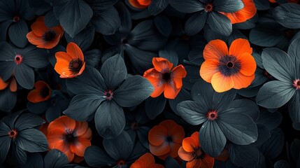 Captivating dark floral pattern featuring an array of vibrant orange and red blooming flowers set against a backdrop of lush mysterious black foliage  Moody and dramatic composition with a romantic