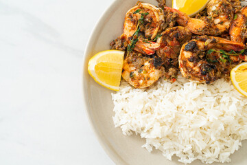 jerk shrimps or grilled shrimps in Jamaica style with rice