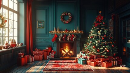Fototapeta premium Cozy Christmas scene featuring a decorated tree, colorful gifts, and a warm fireplace in a festive living room.