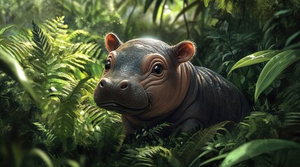 Fototapeta premium Tiny baby pygmy hippo exploring a lush jungle, surrounded by tall ferns and plants