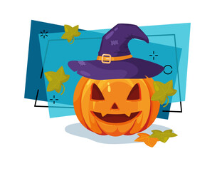 Scary pumpkin lantern in hat vector illustration on abstract background. Halloween banner design. Celebration, party, holiday concept. Can be used for poster or invitation