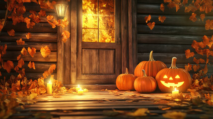 Obraz premium Halloween porch scene with pumpkins, candles, and autumn leaves.