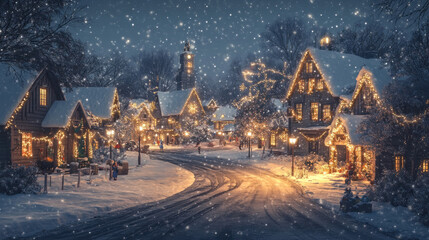 Snowy village scene with glowing lights and festive decorations.