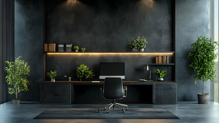 Modern Office Interior Design with Black Desk, Plants, and a Window View - 3d Illustration