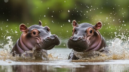 Fototapeta premium Two playful pygmy hippos chasing each other around a pond, creating tiny splashes