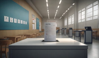 A transparent ballot box in the hall with an important election atmosphere