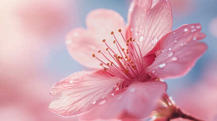 Fototapeta premium Macro shot of a cherry blossom petal in full bloom, with delicate pink hues highlighted by the gentle light of a spring afternoon