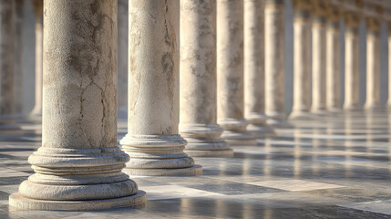 An array of marble columns showcases classical architecture, with deep shadows accentuating the textures and timeless elegance, representing strength, stability, and history.