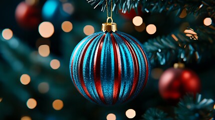 Fototapeta premium Blue and red ornaments gleam on a Christmas tree, surrounded by twinkling lights.
