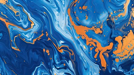 Obraz premium Bold cobalt blue backdrop with vibrant marbled orange and white ink creating an energetic abstract