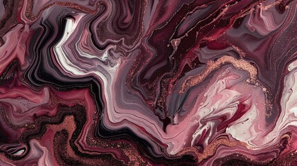 Fototapeta premium Sophisticated burgundy backdrop with marbled pink and copper ink creating layered textures
