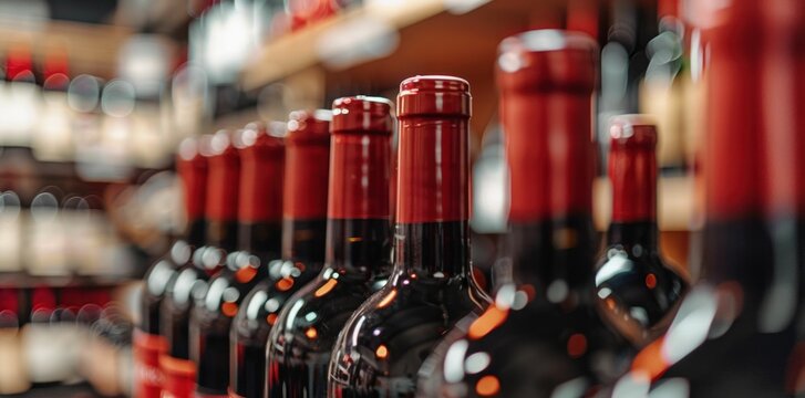 wine bottles, red wine, wine shop, blurred background, wooden shelves, close up image, elegant presentation, wine collection display, gourmet products, bar setting, premium quality