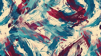 Cyan and burgundy strokes forming a rich interwoven pattern on a cream backdrop