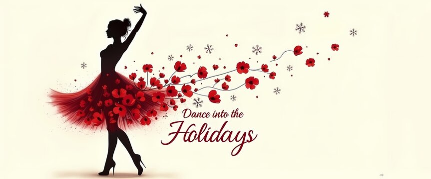 Elegant ballerina silhouette with swirling red petals on white background