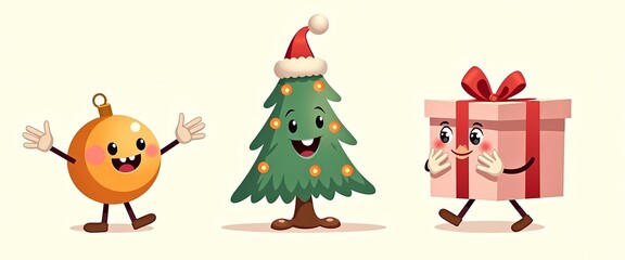 Fototapeta premium Cheerful Christmas characters with festive smiles on textured background