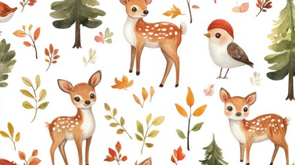 Naklejka premium Woodland animals watercolor pattern with baby deer, trees, and birds.